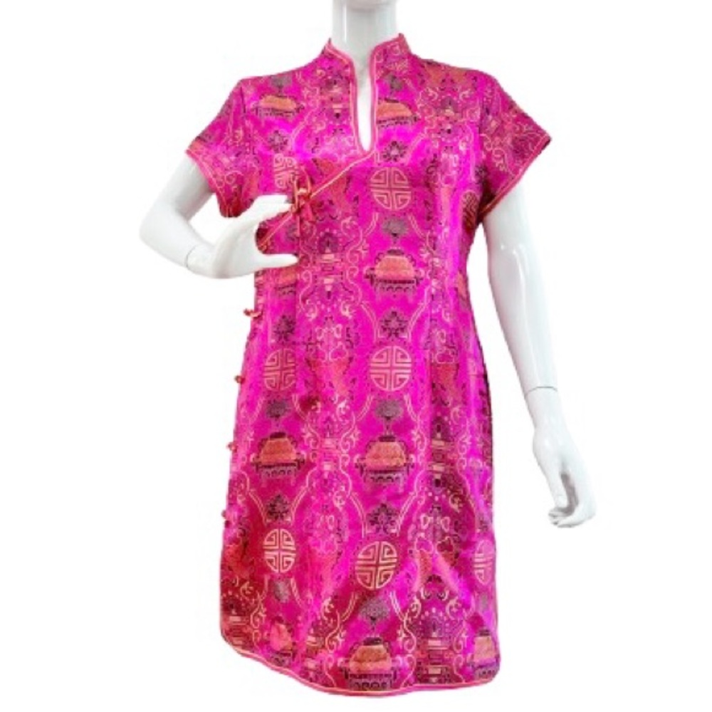 Pink Chinese Traditional Damask Silk Dress Asian Colorful Ethnic Tunic Women's M